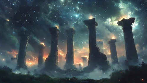 Star-forged ruins ignite an ancient sky of drifting embers.