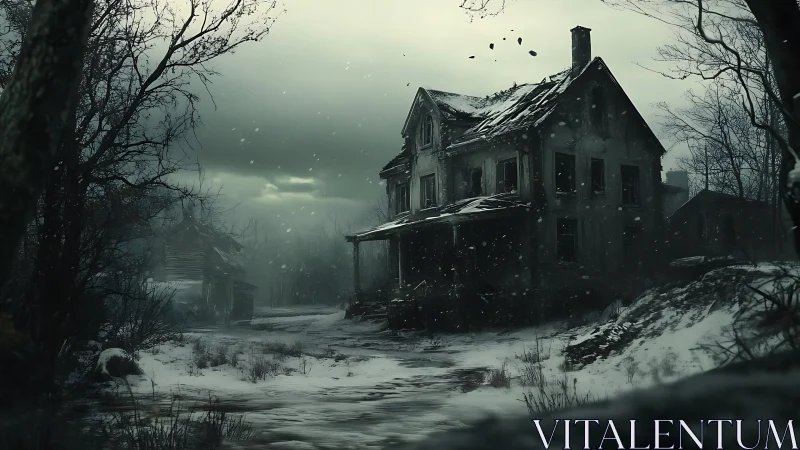 Digital painting of derelict winter farmhouse in storm light.