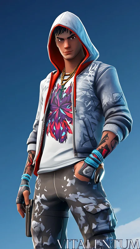 Hooded male game character stands in stylized outdoor light