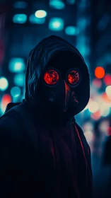 Hooded figure in respirator mask under neon bokeh city lights