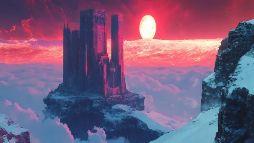 Crimson sun crowns a floating citadel above icy clouds.