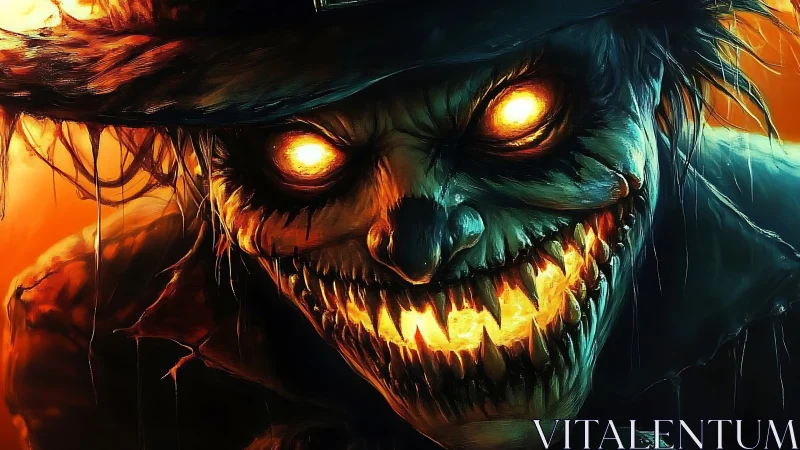 Demonic scarecrow portrait with blazing eyes and grin.