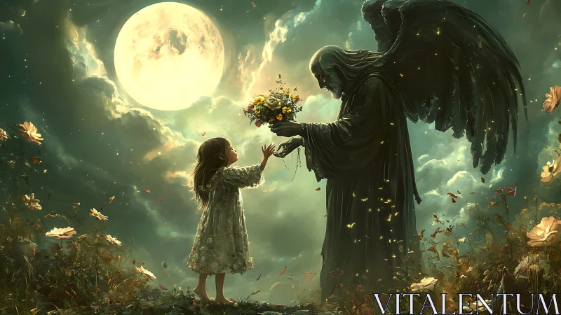 Moonlit angel shares a gentle bouquet with a curious child.