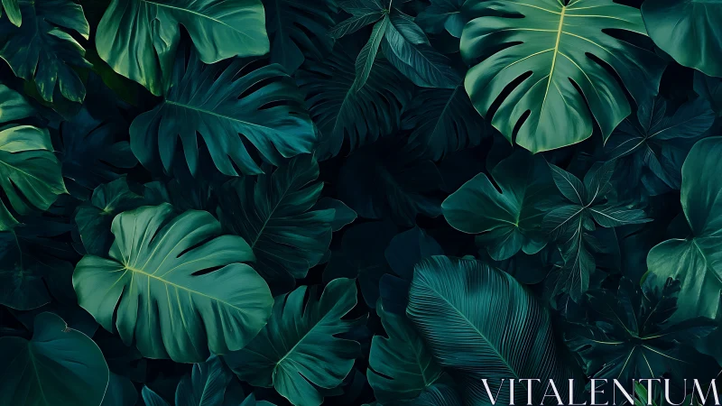 Dense overlapping tropical leaves fill the entire frame