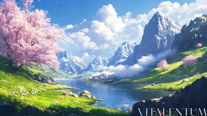 Spring valley landscape with river and distant snowy peaks.