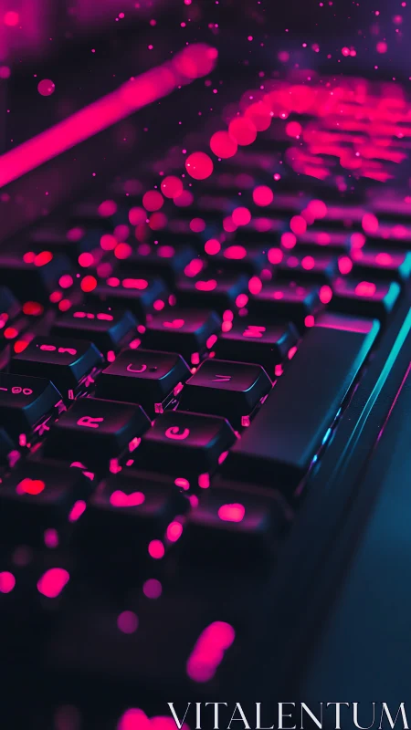 Neon droplets drifting above backlit mechanical keyboard.