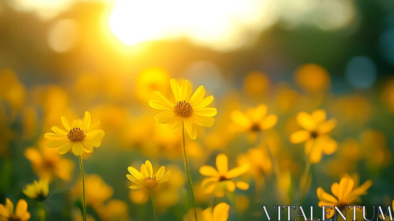 Golden wildflower meadow glowing in soft evening sunlight.