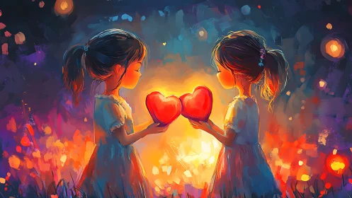 Two figures holding glowing hearts in luminous abstract setting