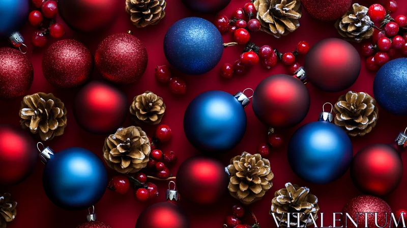 Saturated Christmas ornaments arranged in a high-contrast flatlay