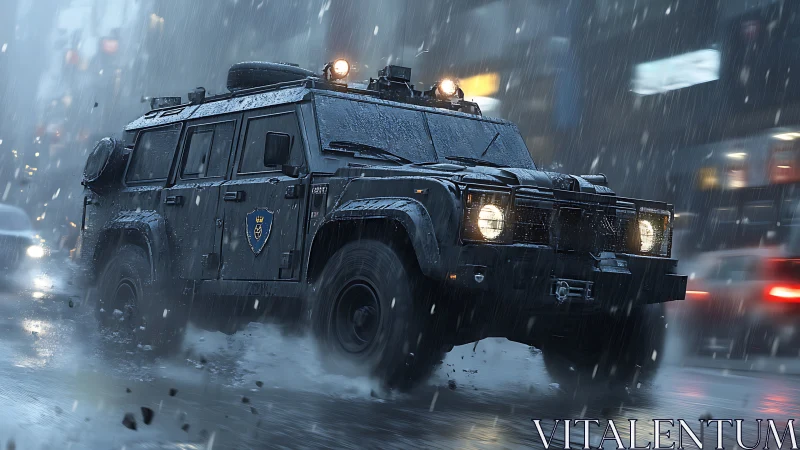 Armored police truck powers through rainy neon city street.