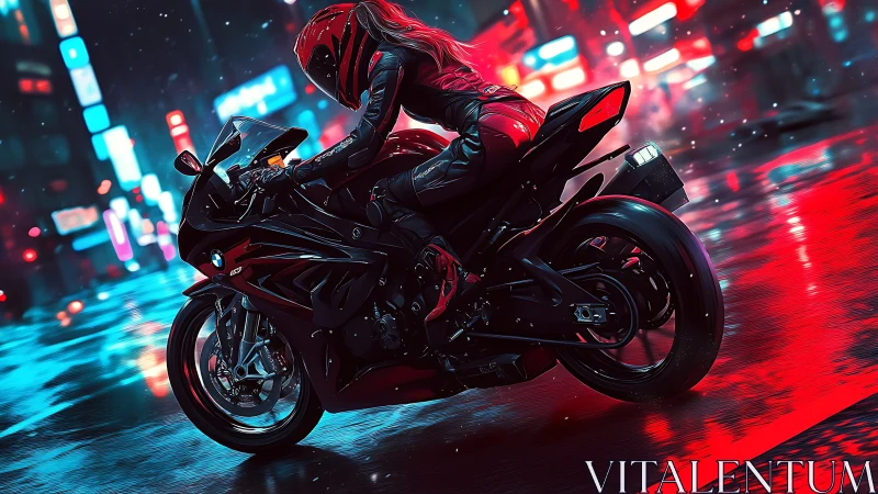 Midnight rider gliding through neon drenched city streets.