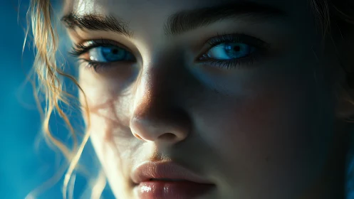 Photorealistic close-up portrait with cinematic blue lighting.