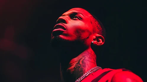 Low-angle neon red portrait isolates performer against darkness