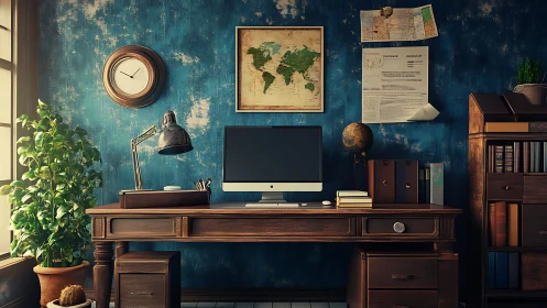 Vintage wooden home office desk with computer and maps wall.