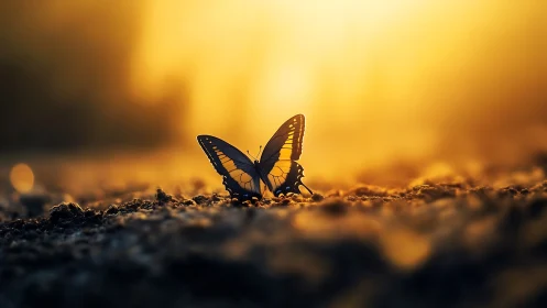 Butterfly silhouette glows against golden sunset ground