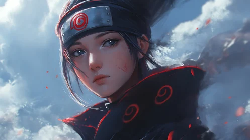 Calm ninja portrait against cloudy sky background.