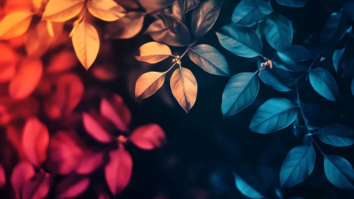 Glowing leaves drift gently between warm fire and cool night