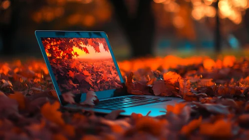 Laptop rests in vivid autumn leaves under warm sunset glow.