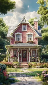 Victorian cottage facade with ornate porch and lush garden path