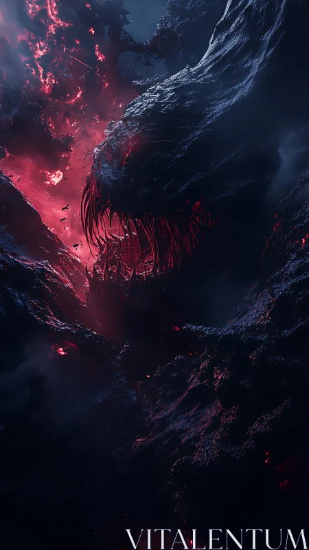 Colossal void creature emerging through molten crimson rift.