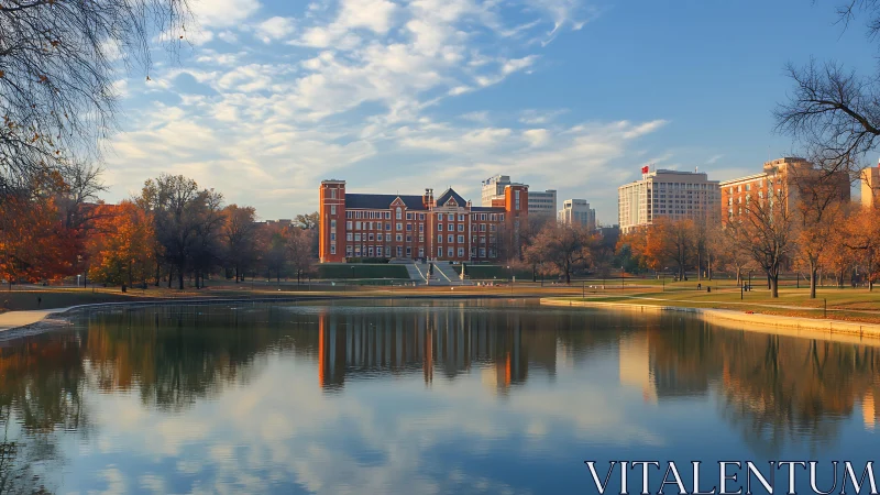 Symmetrical campus facade reflected across calm autumn lake