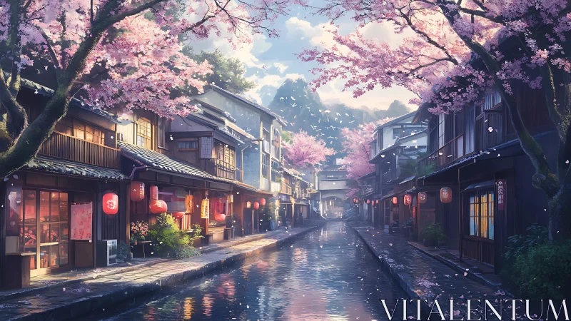 Cherry blossom canal street in traditional Japanese town at dusk.