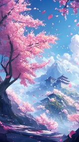 Serene mountain temple among drifting cherry blossoms.