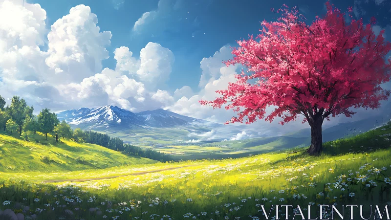 Spring meadow welcomes a bright pink tree under soft clouds