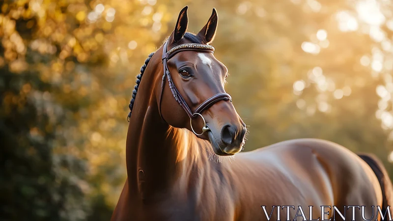 Warm backlit portrait records a bridled horse in profile
