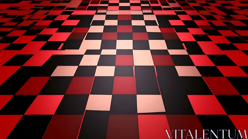 Warm red checkerboard path into a playful digital horizon.