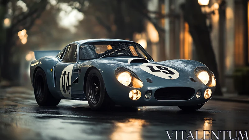 Vintage blue race car glows on wet city street at dusk.