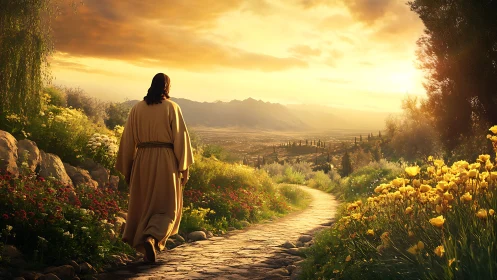 Backlit robed figure on floral stone path at golden-hour horizon.