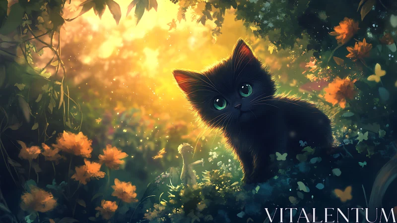 Felis catus with Luminescent Iris in Photorealistic Botanical Environment