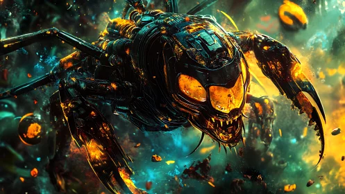 Molten mech-scorpion erupts through cosmic debris storm.