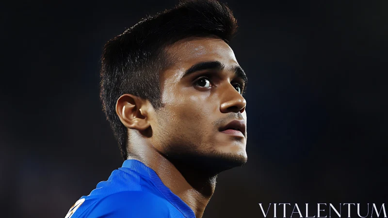 Focused football player in blue jersey under stadium lights.