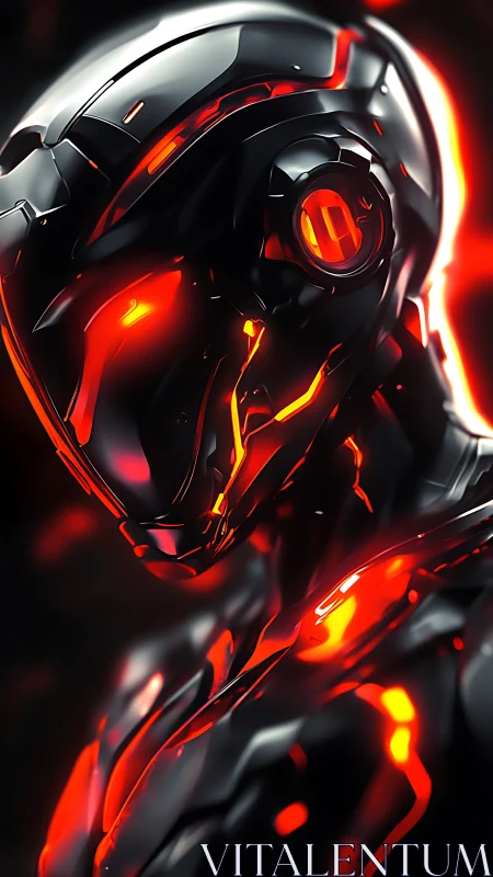 Futuristic black armored android with red illuminated lines.