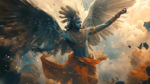 Mythic winged deity in radiant celestial digital painting.