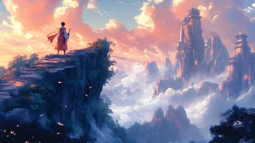 Lone wanderer greeting sunlit sky temples above clouds.