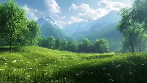 Sunlit alpine meadow with snowcapped mountain backdrop.