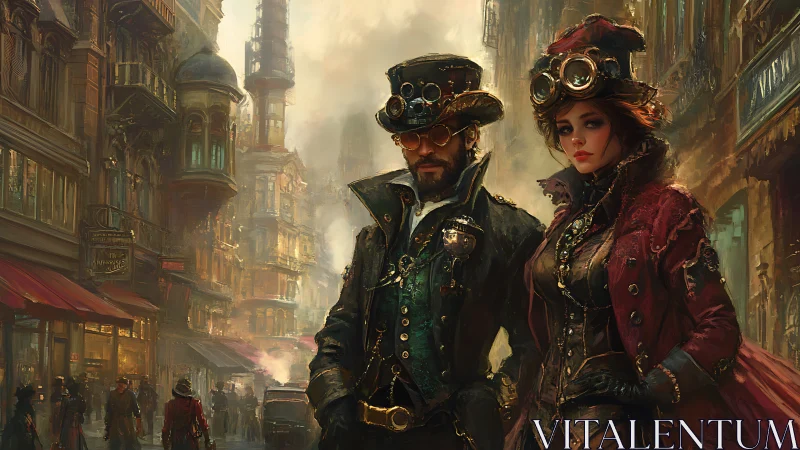 Steampunk dressed man and woman in dense urban street scene.