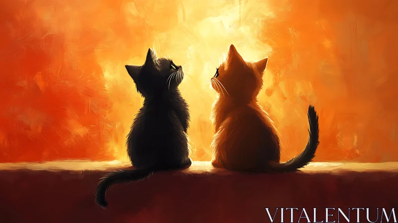 Cats Silhouetted Against Golden Luminescence. Digital Composition