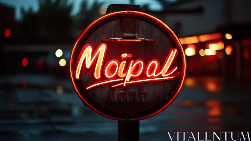 Red circular neon sign on wet urban street at dusk.