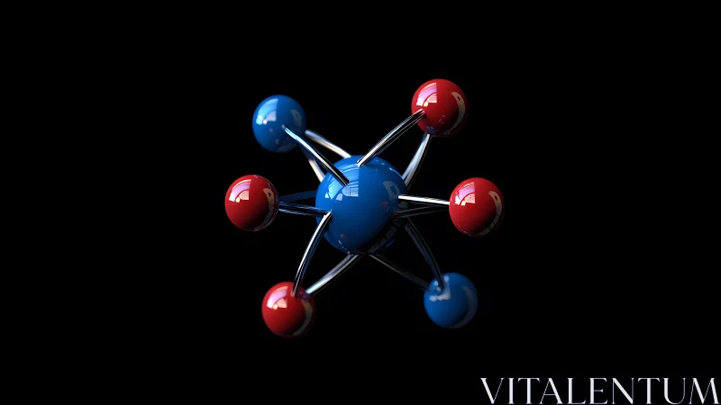 Chromed bonds orbit gleaming blue and red molecular core