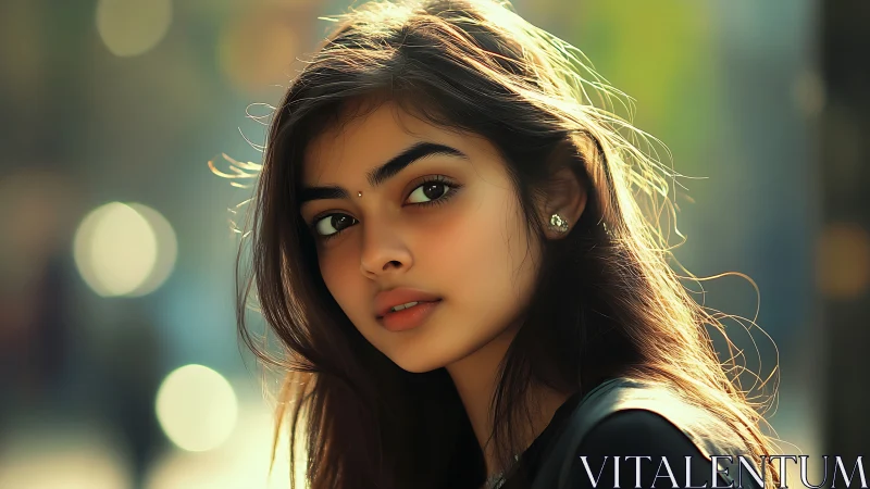 Soft bokeh portrait with shallow depth, warm rim lighting, fine hair detail