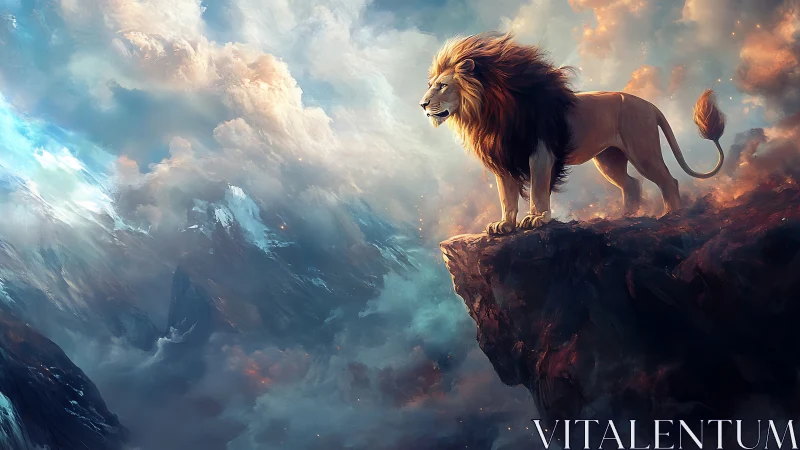 Majestic lion overlooking stormy celestial cliffs.