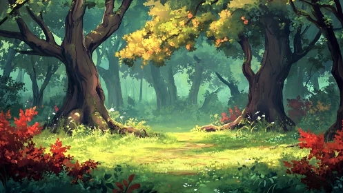 Forest clearing with mature trees, illuminated vegetation, and layered foliage depth.