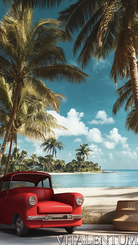 Red retro car lounge set against a dreamy tropical beach