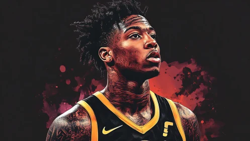 Digital portrait of focused basketball player in yellow jersey.