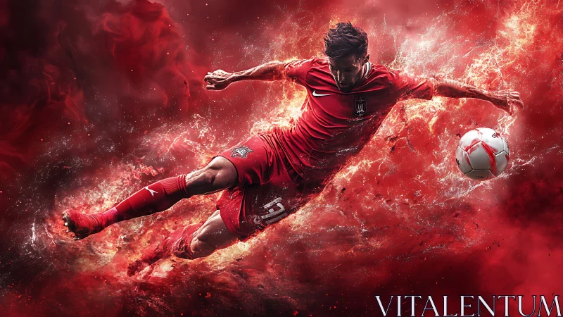 Fiery soccer striker diving volley amid explosive red storm.