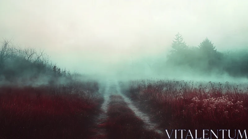 Misty forest path cutting through red autumn meadow at dawn.